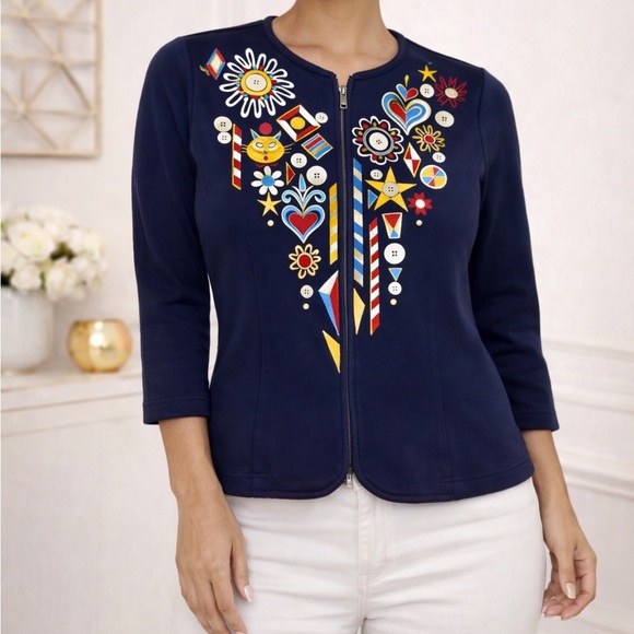 Bob Mackie Sweaters - Vintage BOB MACKIE Black Jubilation Cat Heart Embroidered Zip Cardigan M